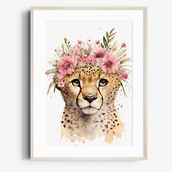 Cute Floral Cheetah Watercolor Wall Art Illustration Print Poster Card Unframed - Picture 2 of 8